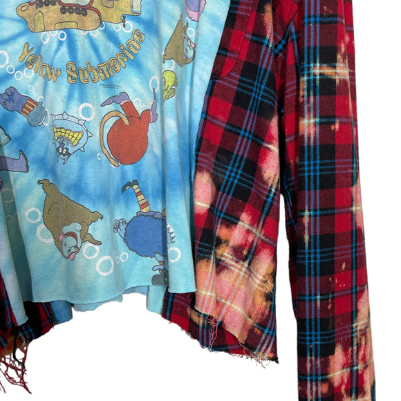 Custom Rework Beatles Bleached Plaid Flannel Sleeve Top M/L Oversized Cropped - Picture 4 of 4